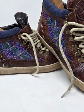 Men's Brown Leather High-Top Sneakers with Blue Patterned Inset